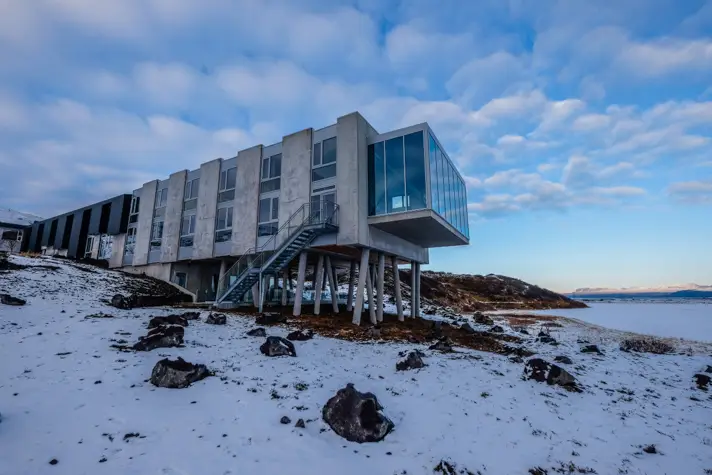 Modern hotel building in a snowy landscape