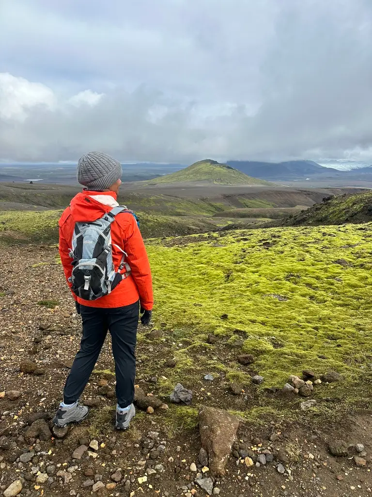 Hiker in a red jacket standing on a mossy plateau