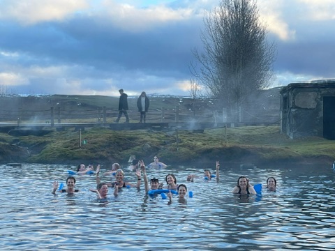 People bathing in a geothermal lagoon in winter