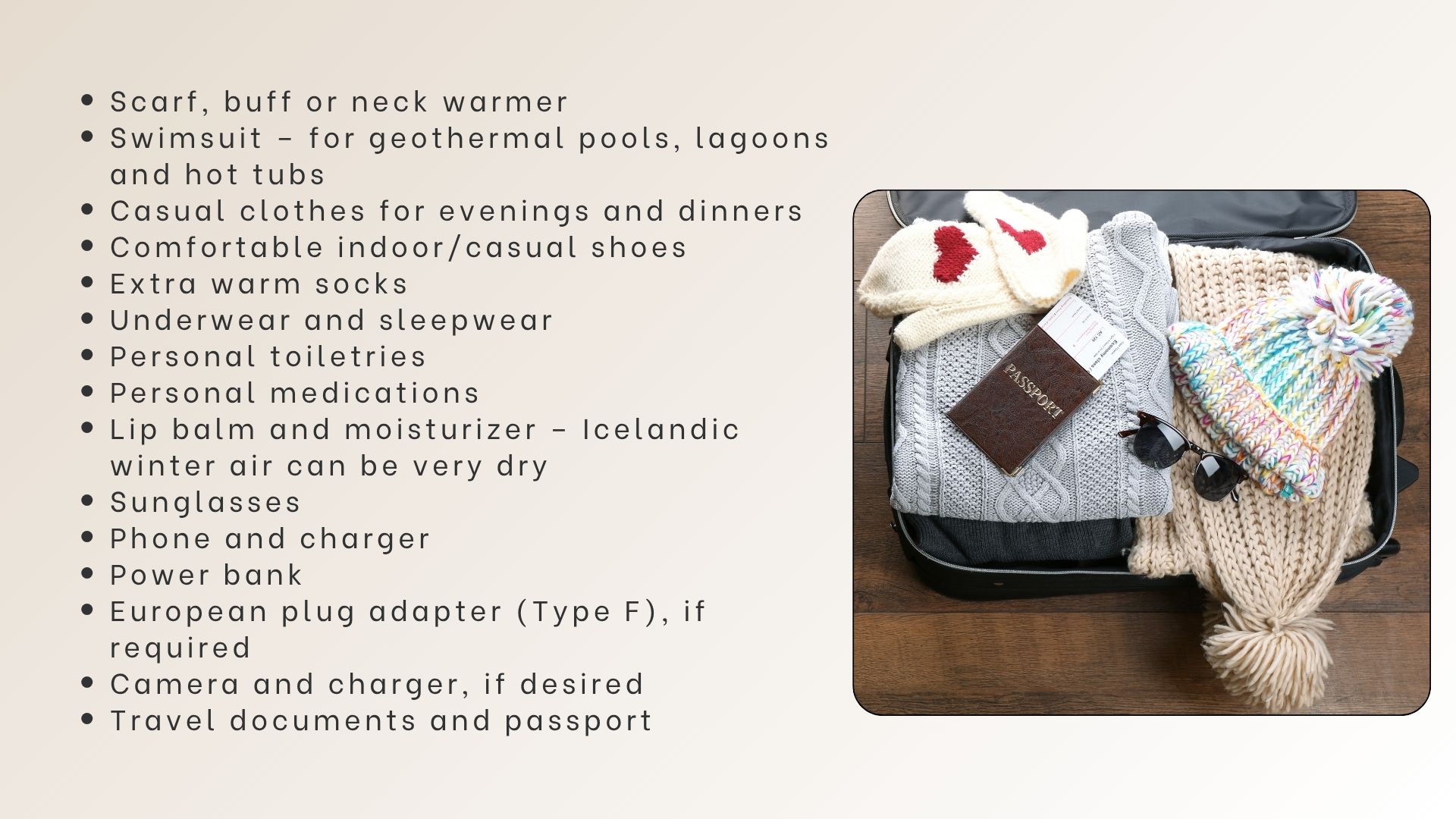 Packing list of clothing and travel items with a photo of a suitcase
