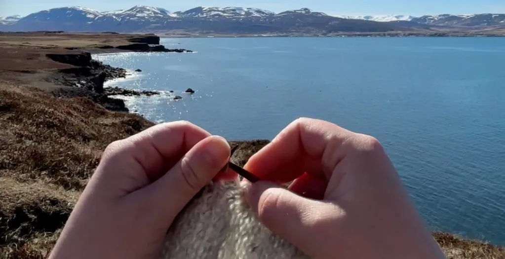 Hands knitting with a view over a fjord