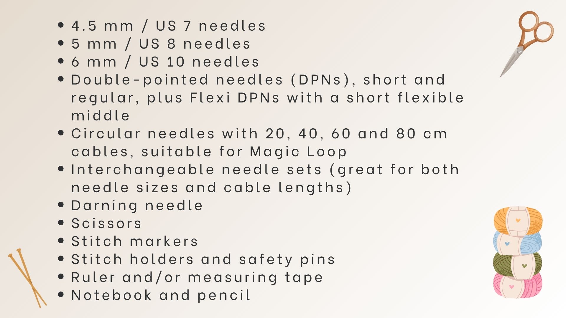 Knitting supplies list with needles, scissors and yarn