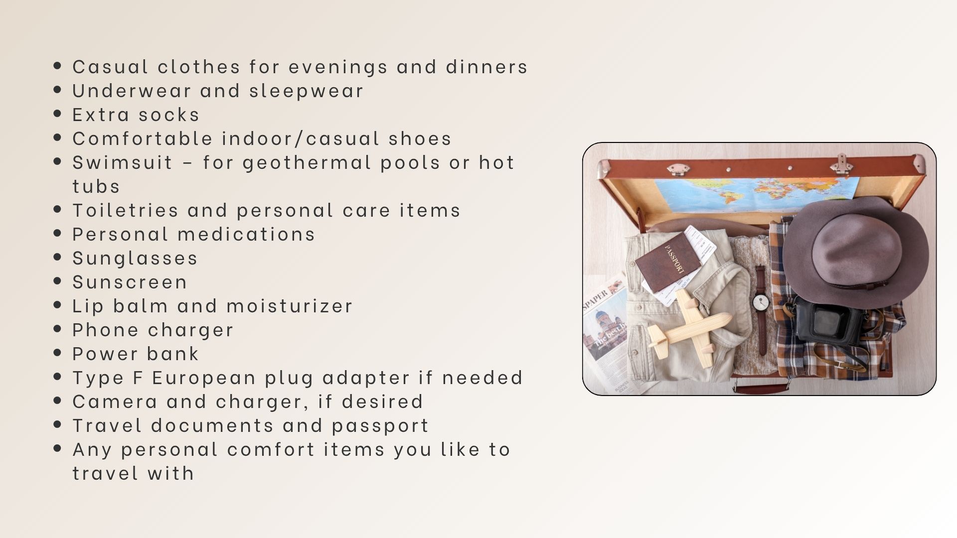 Packing list of clothing and travel items with a photo of an open suitcase