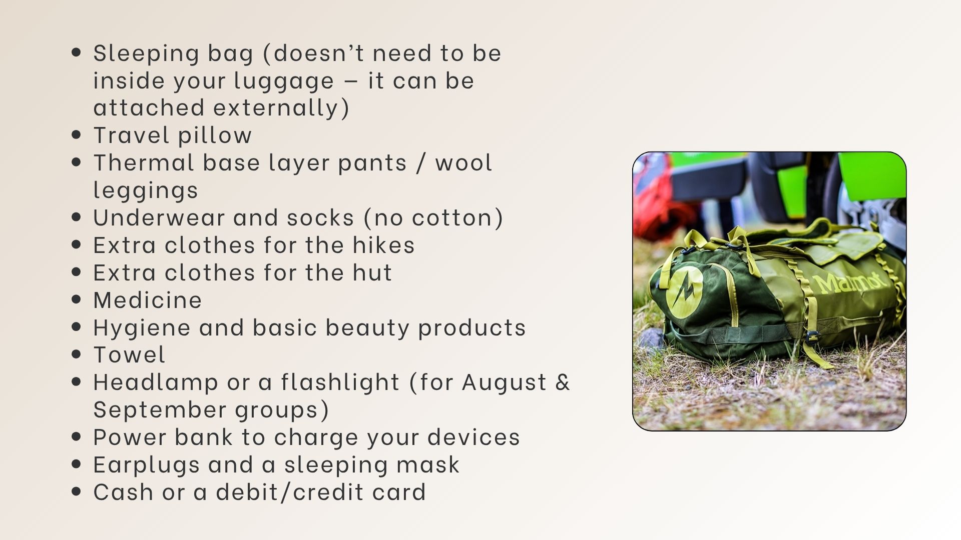 Packing list for mountain hut nights with a duffel bag