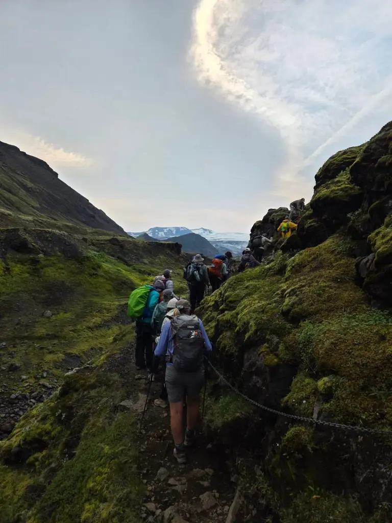 Hikers on a narrow mossy mountain trail