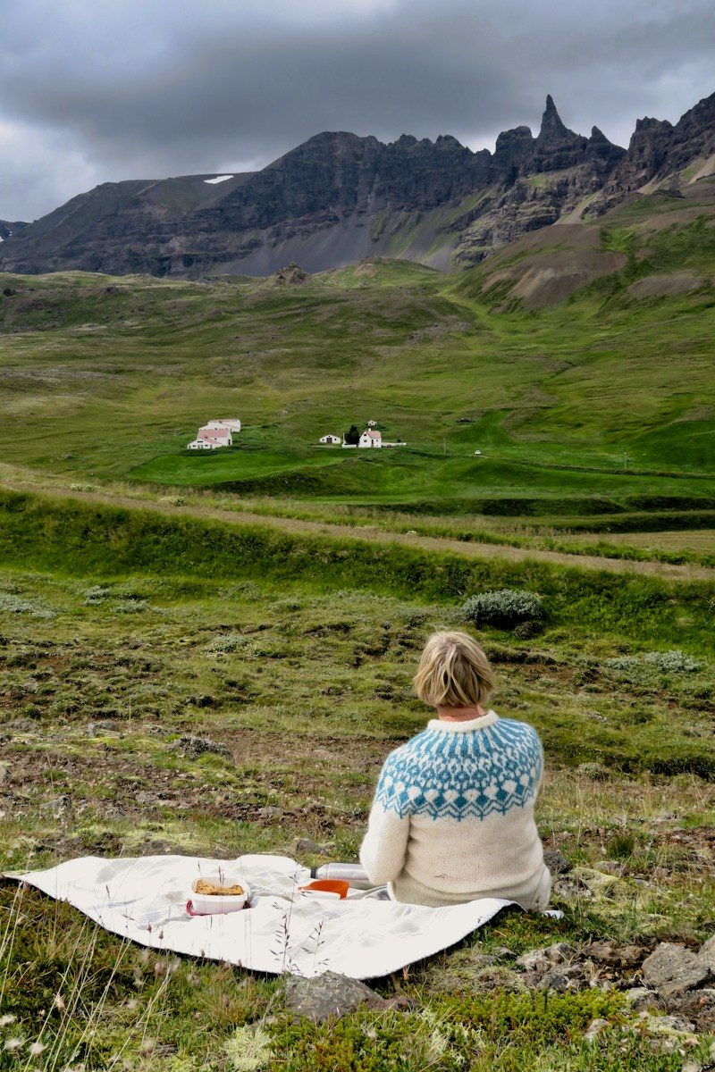 a person sitting on a rock looking at a valley with mountains in the background